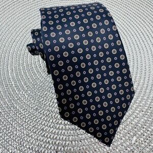 Paris Tie Mens Navy Blue Geometric Medallion Dot Pattern‎ Burgundy Lined Classic